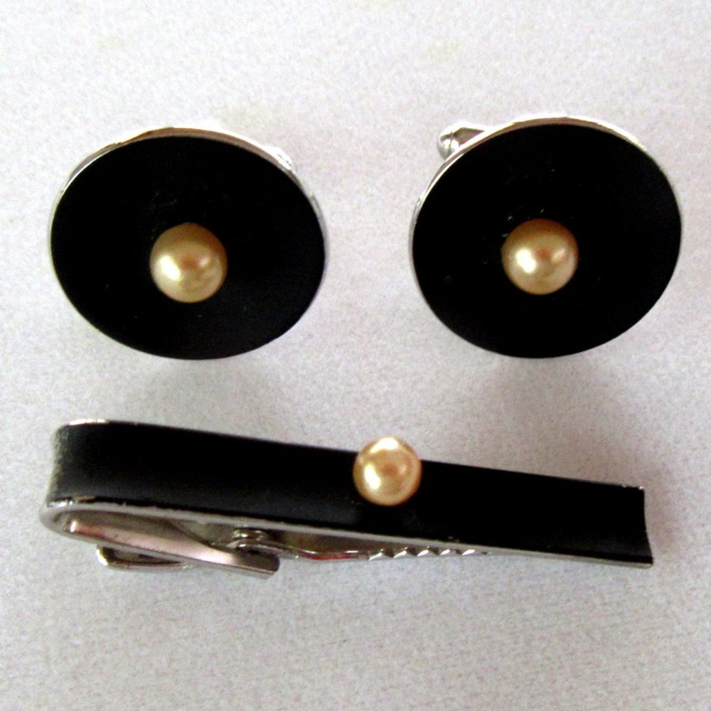 Matte black & faux pearl cufflinks and tie bar set - Vintage - Father's Day
